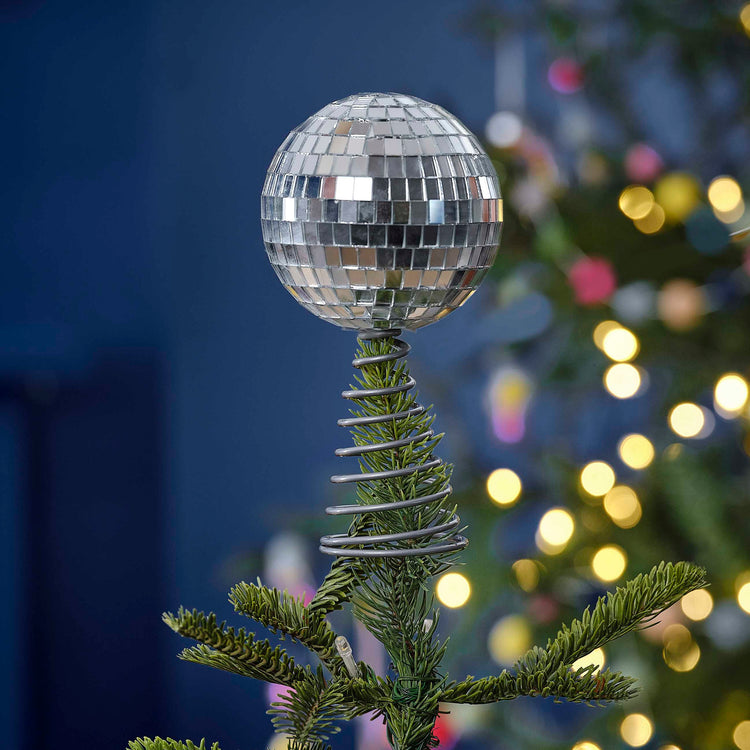 Merry & Bright Christmas Silver Disco Ball Tree Topper
