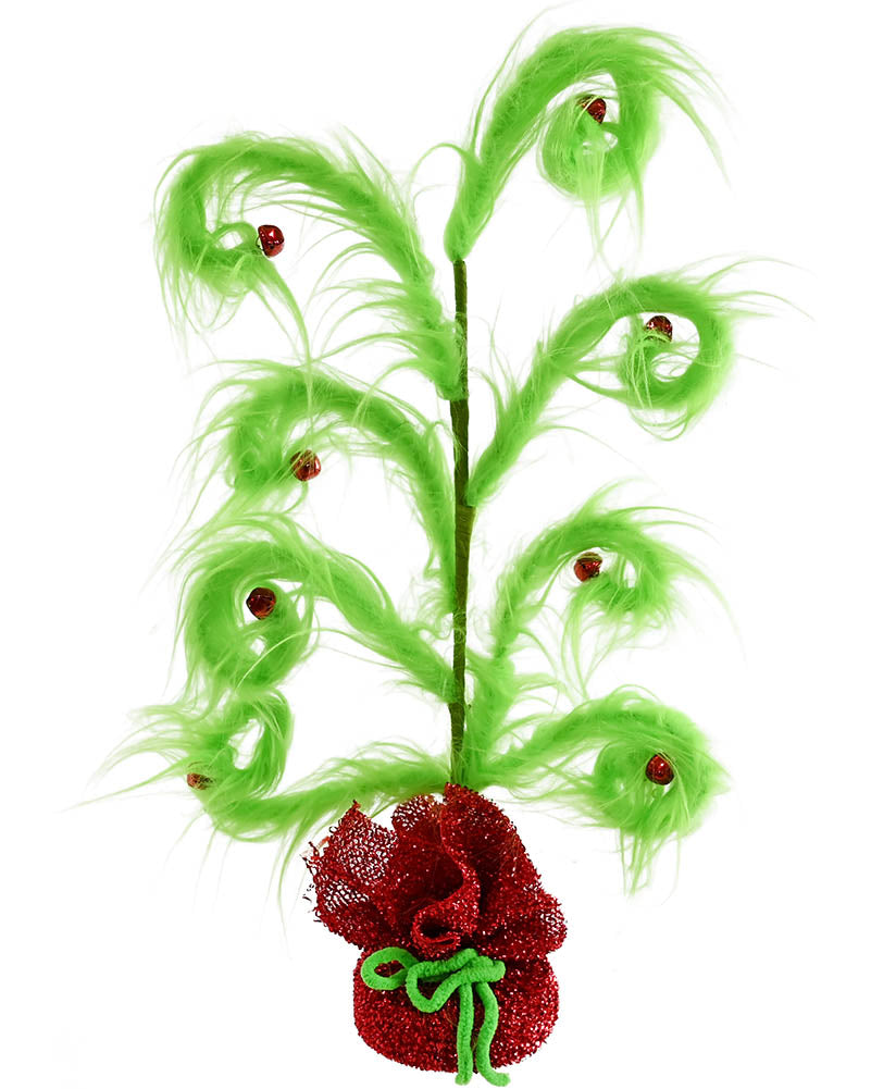 A festive Christmas wreath decoration featuring bright green curly faux-fur branches with small red berry accents and a glittery red stocking at the bottom tied with a green bow, shown on a plain white background.
