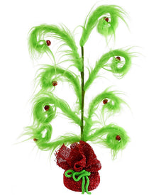 A festive Christmas wreath decoration featuring bright green curly faux-fur branches with small red berry accents and a glittery red stocking at the bottom tied with a green bow, shown on a plain white background.