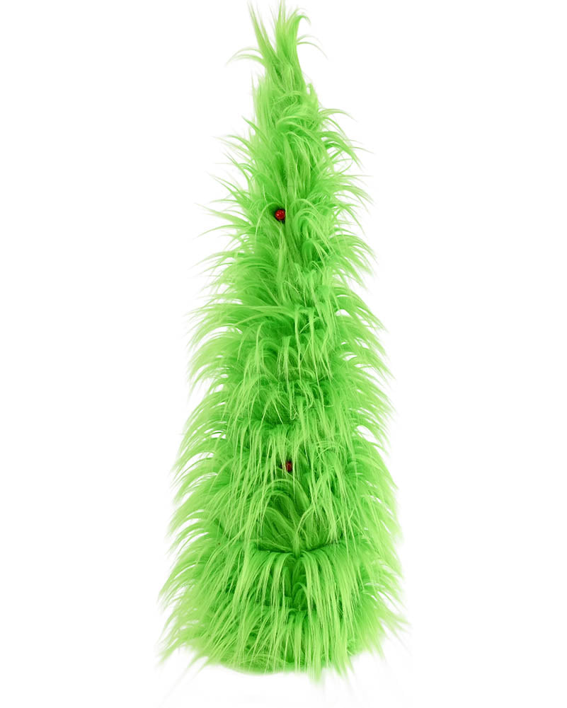 A bright lime green, fluffy feather tree decoration with small red accents, isolated on a white background.