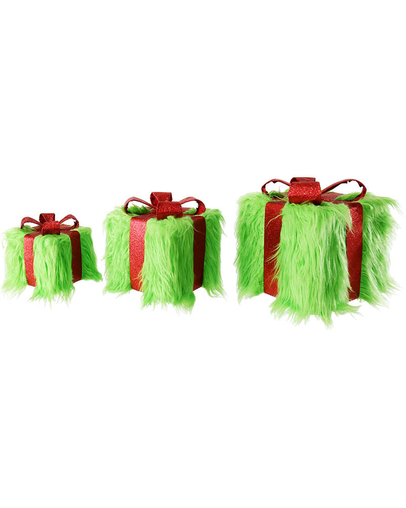 Three small plush gift boxes in lime green faux fur, each tied with a red ribbon and bow, arranged by size on a plain white background.