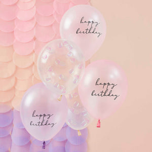 Mermaid Balloon Bundle Shell Confetti & Happy Birthday Printed Chrome Balloons with Tissue Tassel Tails Pink & Lilac Pack of 5