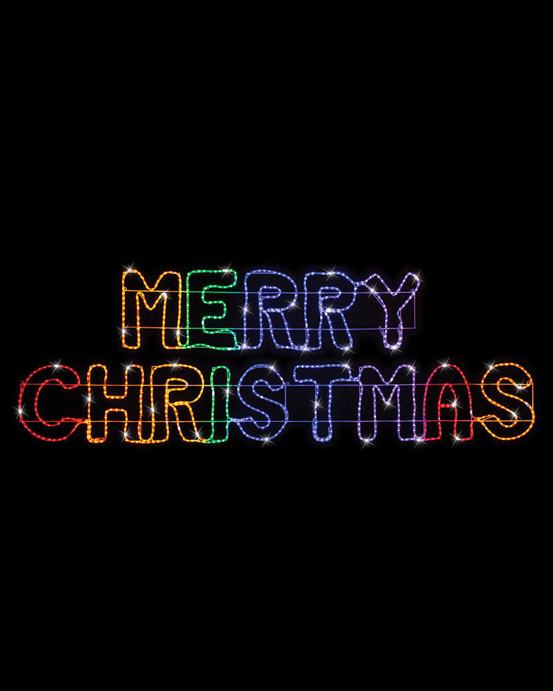 Multicolor LED light string spelling out 'MERRY CHRISTMAS' in two lines against a solid black background.