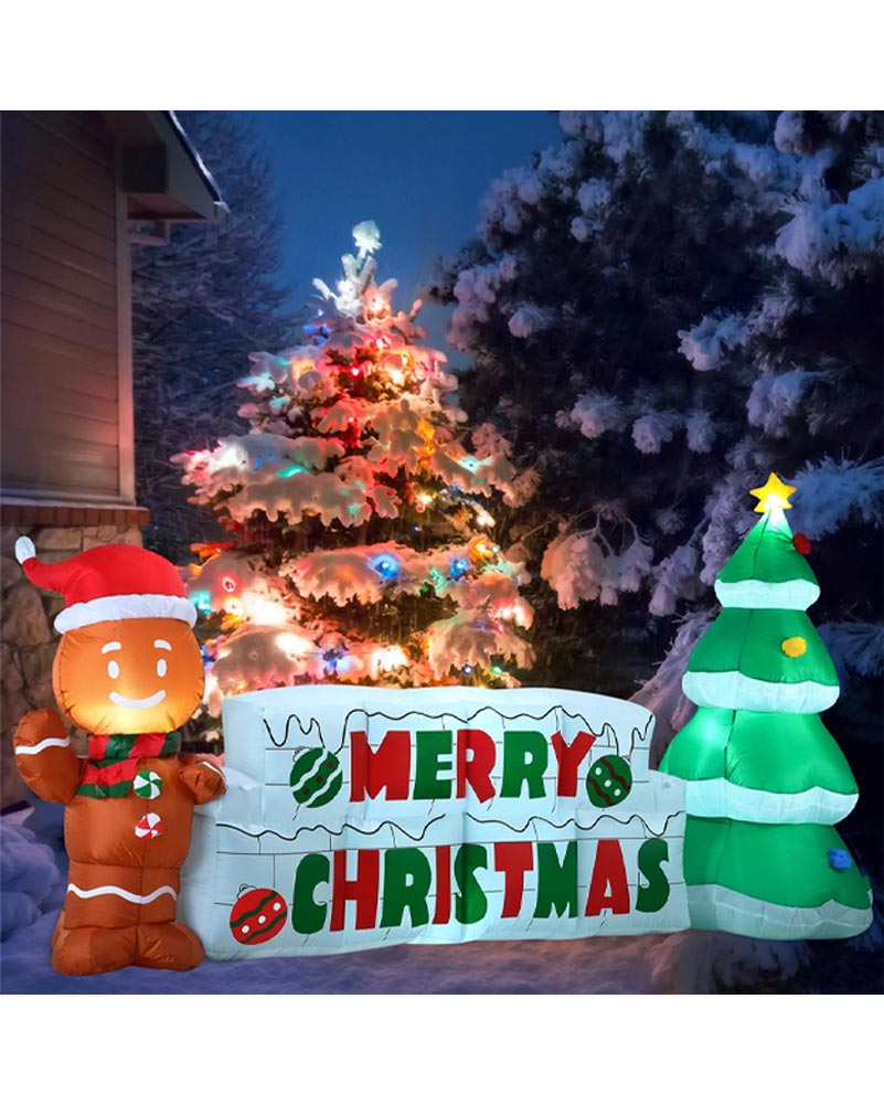 Merry Christmas Sign with Tree and Gingerbread Man Lawn Inflatable 3m