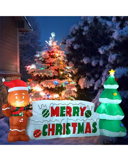 Merry Christmas Sign with Tree and Gingerbread Man Lawn Inflatable 3m
