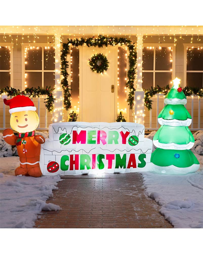 Merry Christmas Sign with Tree and Gingerbread Man Lawn Inflatable 3m