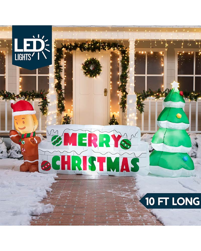 Merry Christmas Sign with Tree and Gingerbread Man Lawn Inflatable 3m