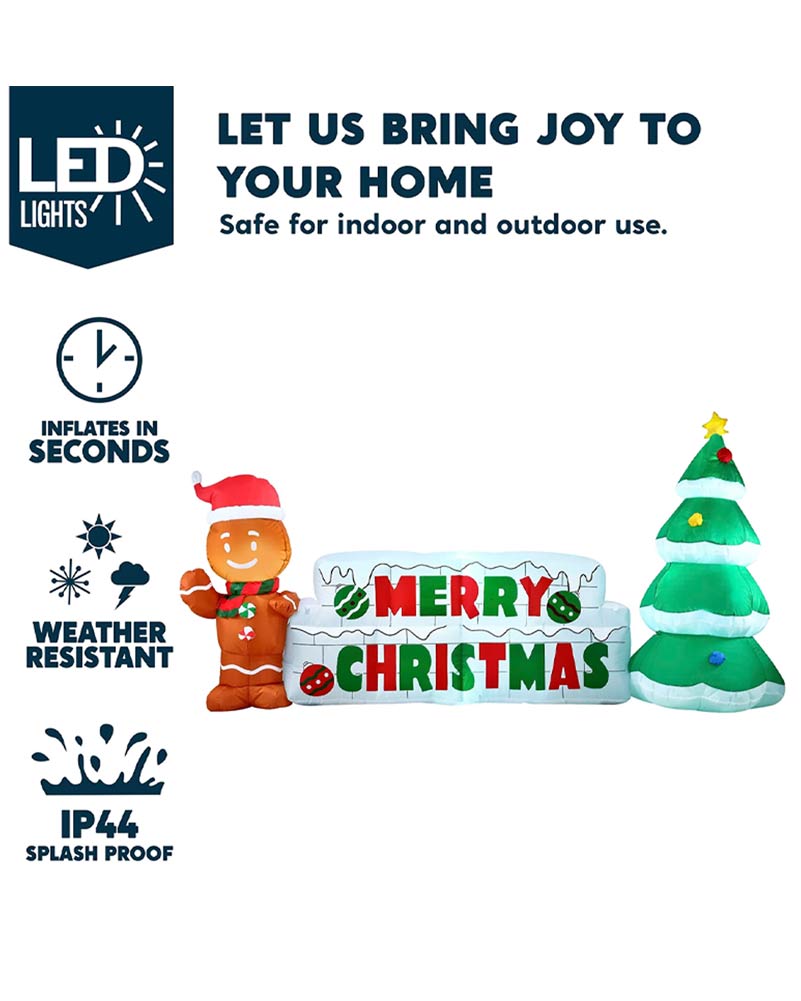 Merry Christmas Sign with Tree and Gingerbread Man Lawn Inflatable 3m