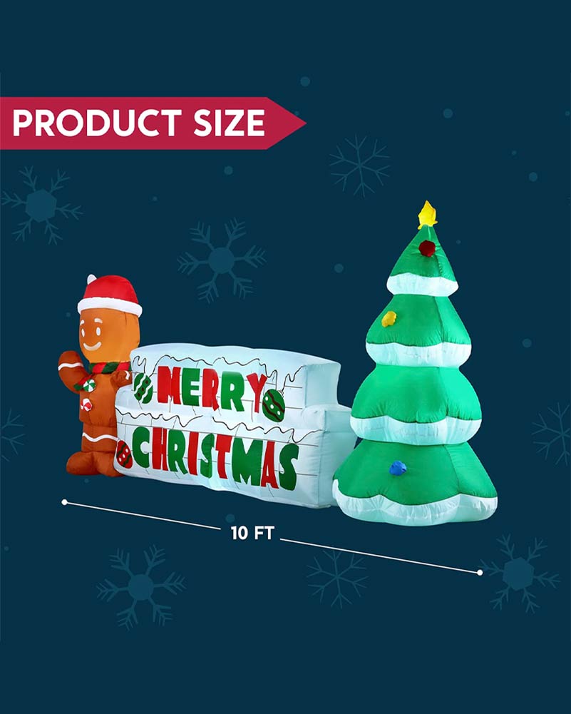 Merry Christmas Sign with Tree and Gingerbread Man Lawn Inflatable 3m
