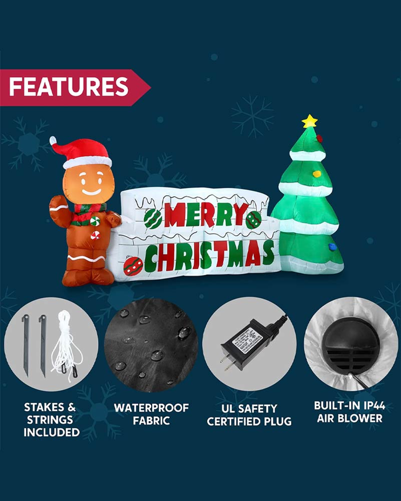Merry Christmas Sign with Tree and Gingerbread Man Lawn Inflatable 3m