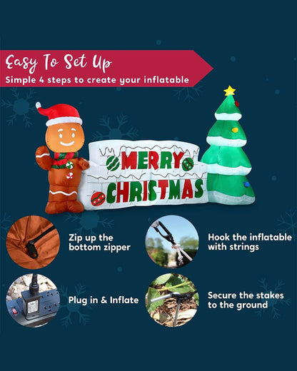 Merry Christmas Sign with Tree and Gingerbread Man Lawn Inflatable 3m