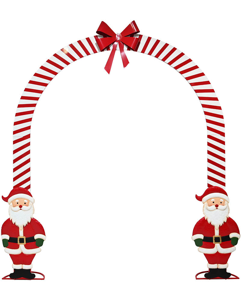 A festive Christmas arch decoration featuring a curved candy cane-striped frame with a red bow at the top and two Santa Claus figures standing at the bottom left and right.