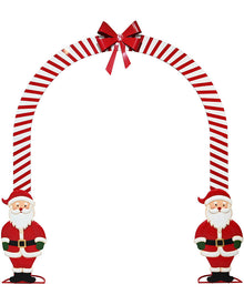A festive Christmas arch decoration featuring a curved candy cane-striped frame with a red bow at the top and two Santa Claus figures standing at the bottom left and right.