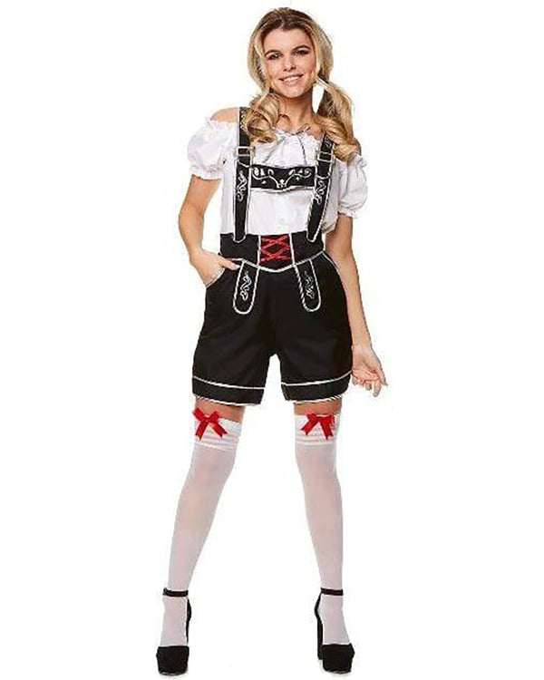 Woman wearing a Bavarian costume with a white blouse, black shorts, and red accents on a white background.