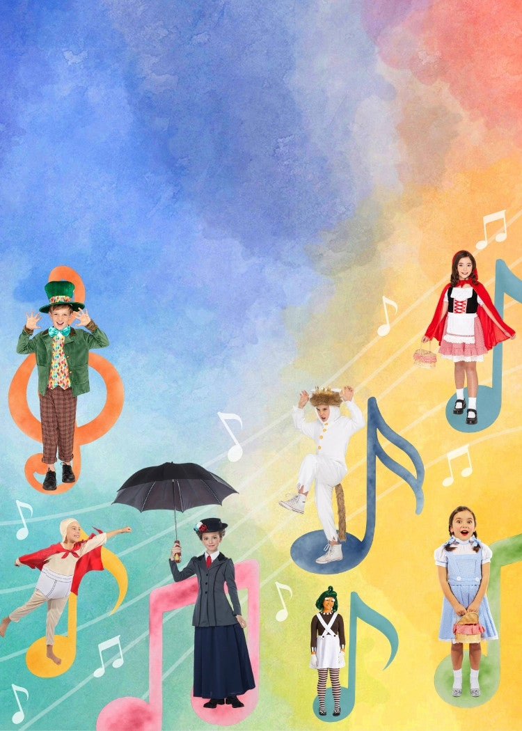 A colorful Book Week banner featuring children in various literary character costumes jumping and posing across a vibrant, rainbow-colored background with musical notes and staff lines. Characters featured: Maddest Hatter Deluxe Kids Costume, Underwear Hero Kids Costume, Classic English Nanny Girls Costume, Wild Boy Deluxe Kids Costume, Storybook Red Riding Hood Girls Costume, Girl from Oz Deluxe Girls Costume & the Chocolate Factory Worker Deluxe Girls Costume. Click to shop all Book Week Costumes.