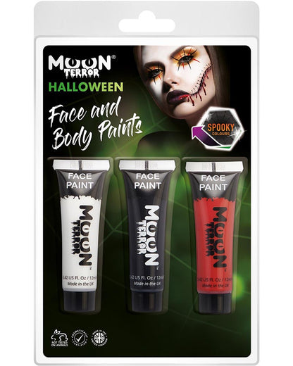 Moon Terror Halloween face and body paint set with three tubes on packaging