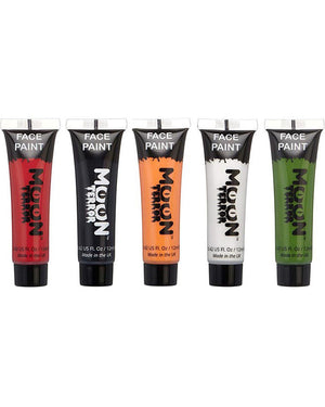 Five tubes of face paint in red, black, orange, white, and green on a white background.