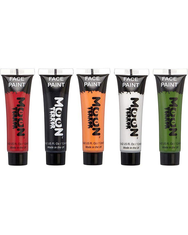 Five tubes of face paint in red, black, orange, white, and green on a white background.