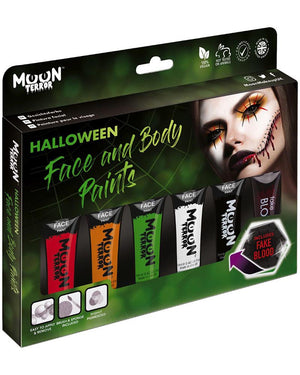 Moon Terror Halloween face and body paint set packaging with model wearing makeup.