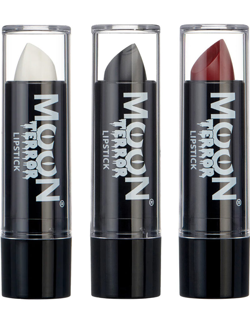 Three Moon Terror lipsticks in white, black, and red with clear casings.