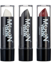Three Moon Terror lipsticks in white, black, and red with clear casings.