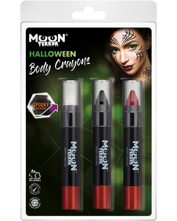 Moon Creations Halloween body crayon set packaging with three crayons on a dark background.