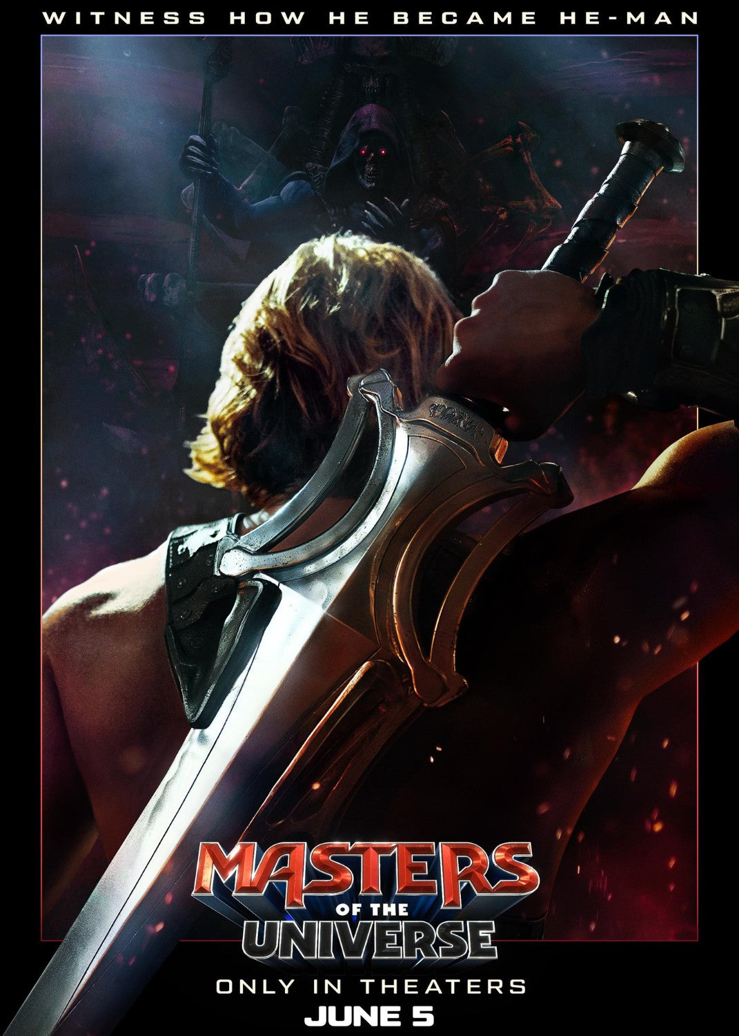 Promotional poster for 'Masters of the Universe' movie with a character holding a weapon. Shop He-Man masters of the Universe.