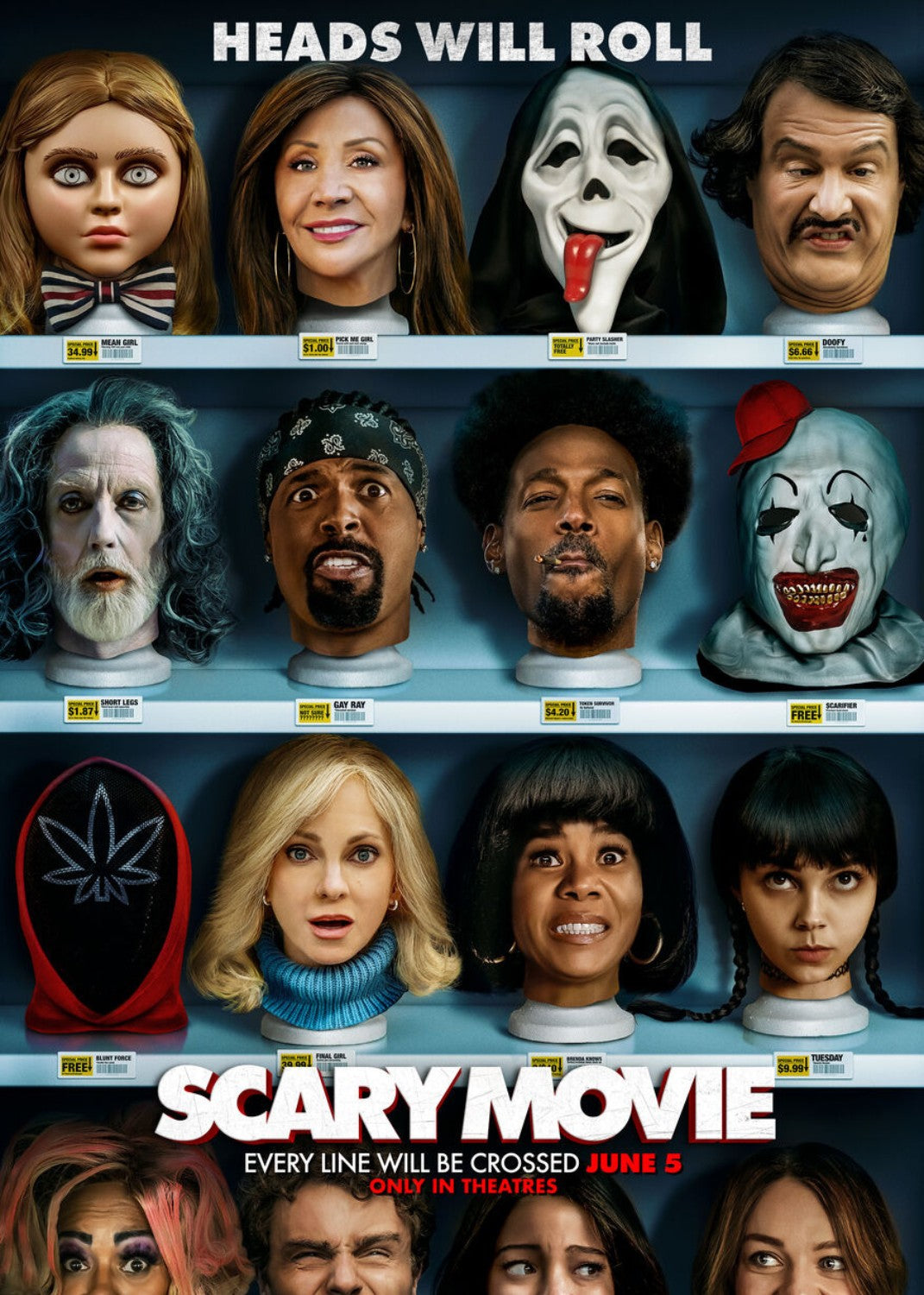 Promotional poster for 'Scary Movie' with character headshots and text.