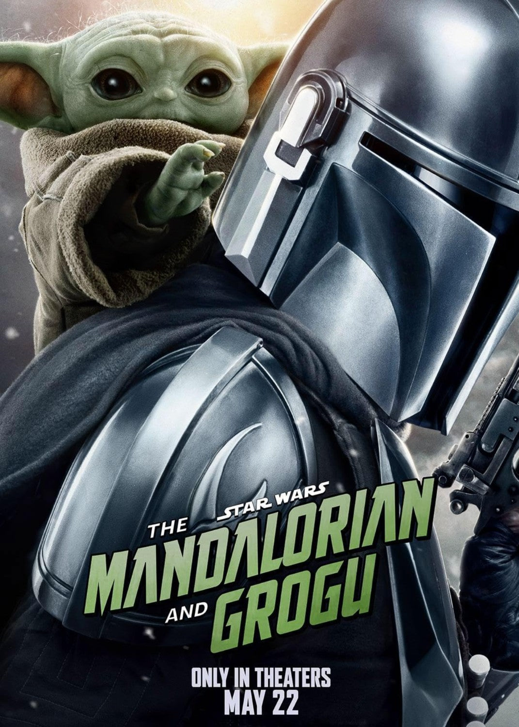 Promotional poster for 'The Mandalorian and Grogu' with a character in a helmet and a green creature.