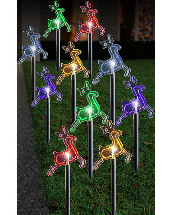 Multicolour Reindeer Solar LED Christmas Path Lights Pack of 10