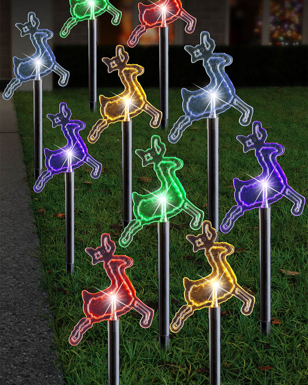 Multicolour Reindeer Solar LED Christmas Path Lights Pack of 10