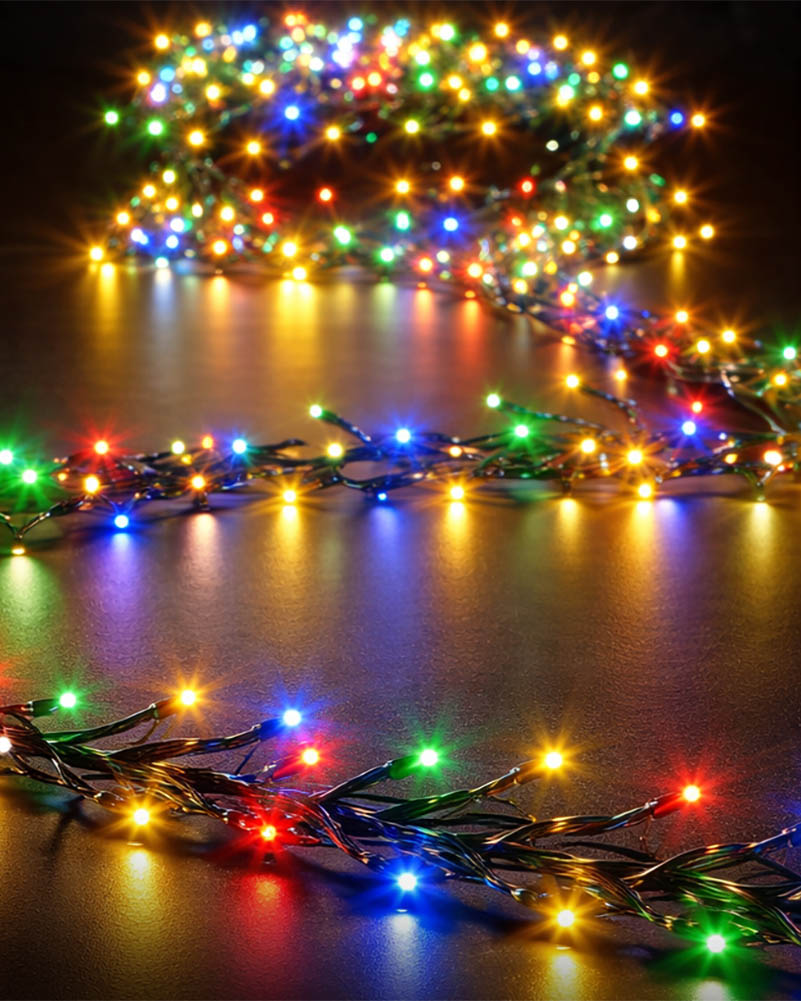 Multicolor Christmas string lights draped across a dark reflective surface, with the lights glowing in red, green, blue, yellow, and orange.