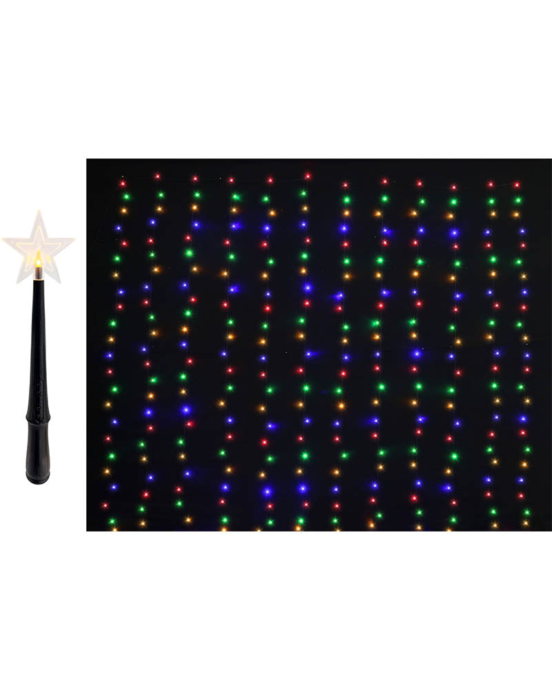 A set of vertical string lights with multicolor LED bulbs in red, green, blue, and yellow, shown next to a black candle-style holder with a white star topper.