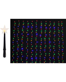 A set of vertical string lights with multicolor LED bulbs in red, green, blue, and yellow, shown next to a black candle-style holder with a white star topper.