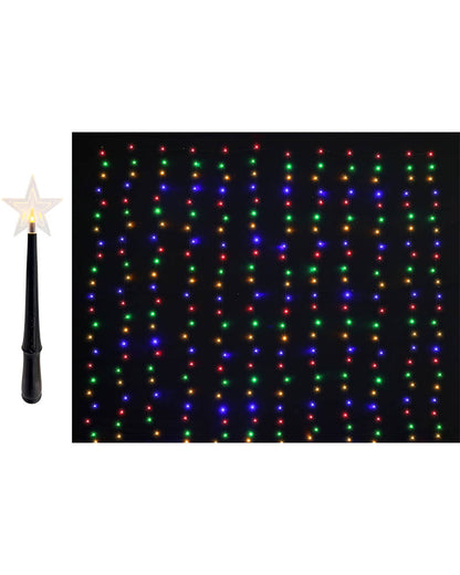A set of vertical string lights with multicolor LED bulbs in red, green, blue, and yellow, shown next to a black candle-style holder with a white star topper.