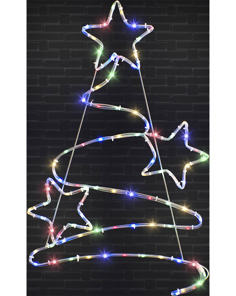 Multicolor LED light tree decoration shaped like a Christmas tree with star accents, shown against a dark brick wall background.