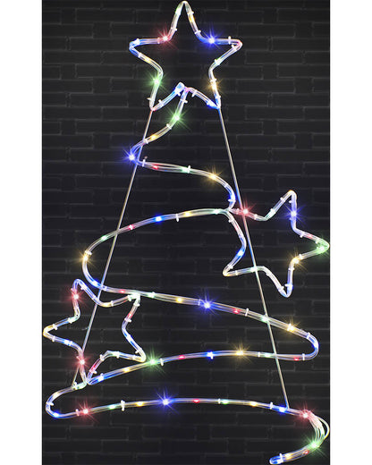 Multicolor LED light tree decoration shaped like a Christmas tree with star accents, shown against a dark brick wall background.