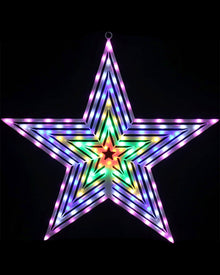 A glowing five-point star Christmas tree light with multicolor LED lights on a black background.