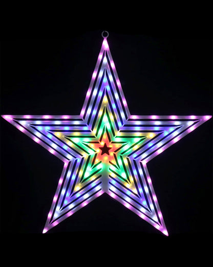 A glowing five-point star Christmas tree light with multicolor LED lights on a black background.
