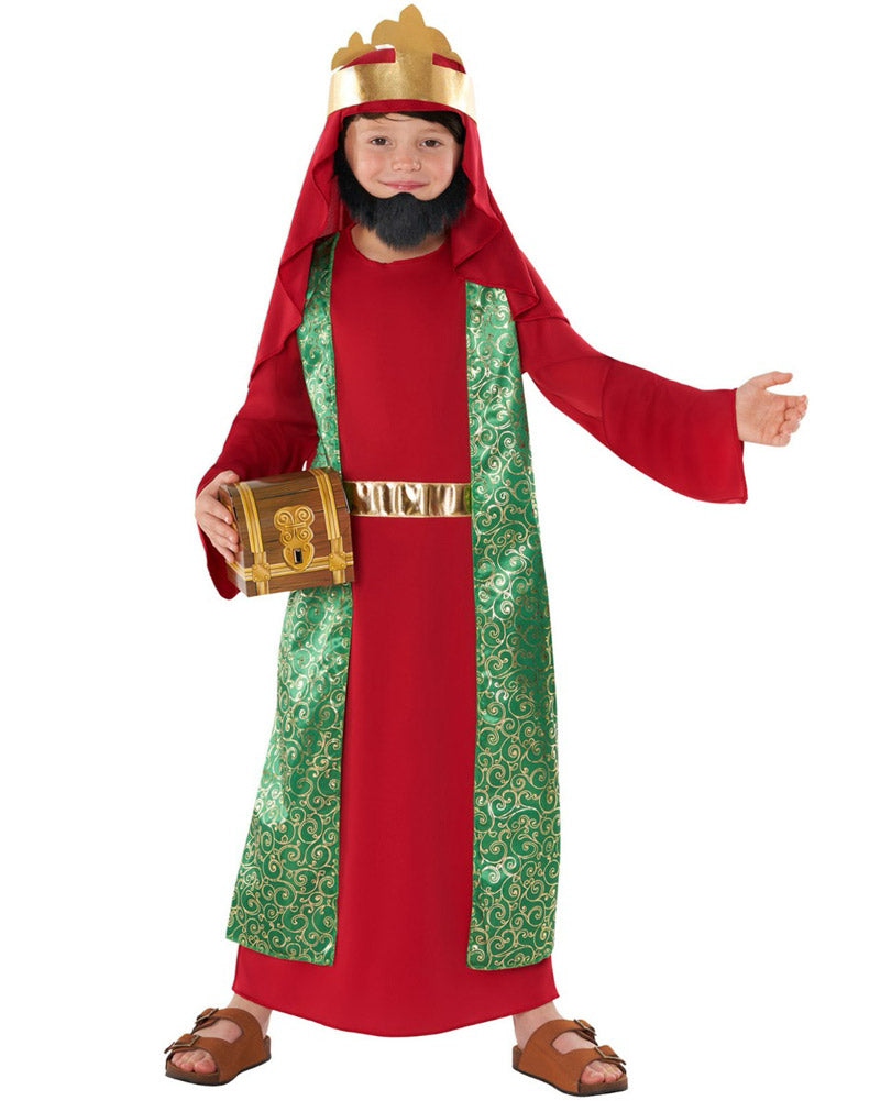 Child wearing a red and green nativity costume with a crown on a white background