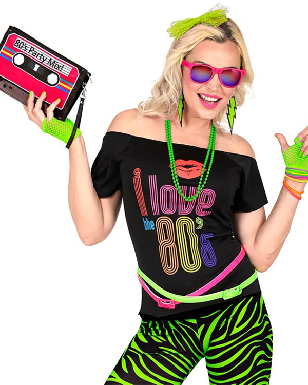 Neon Green 80s Headband Necklace Earrings Gloves and Bracelets Set