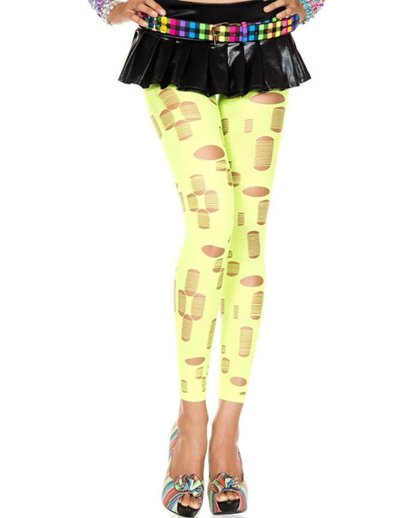 Neon Green Tattered and Cut Out Footless Leggings