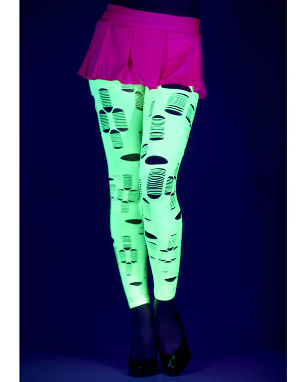 Neon Green Tattered and Cut Out Footless Leggings