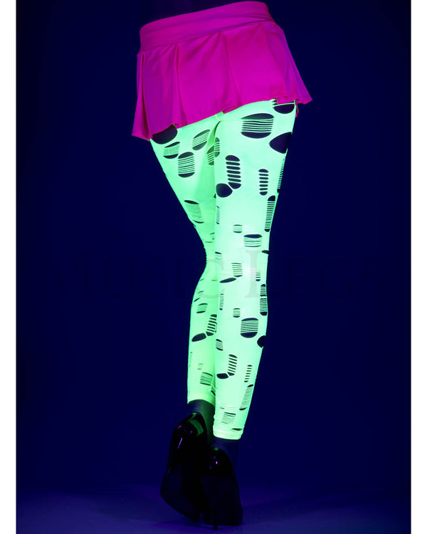 Neon Green Tattered and Cut Out Footless Leggings