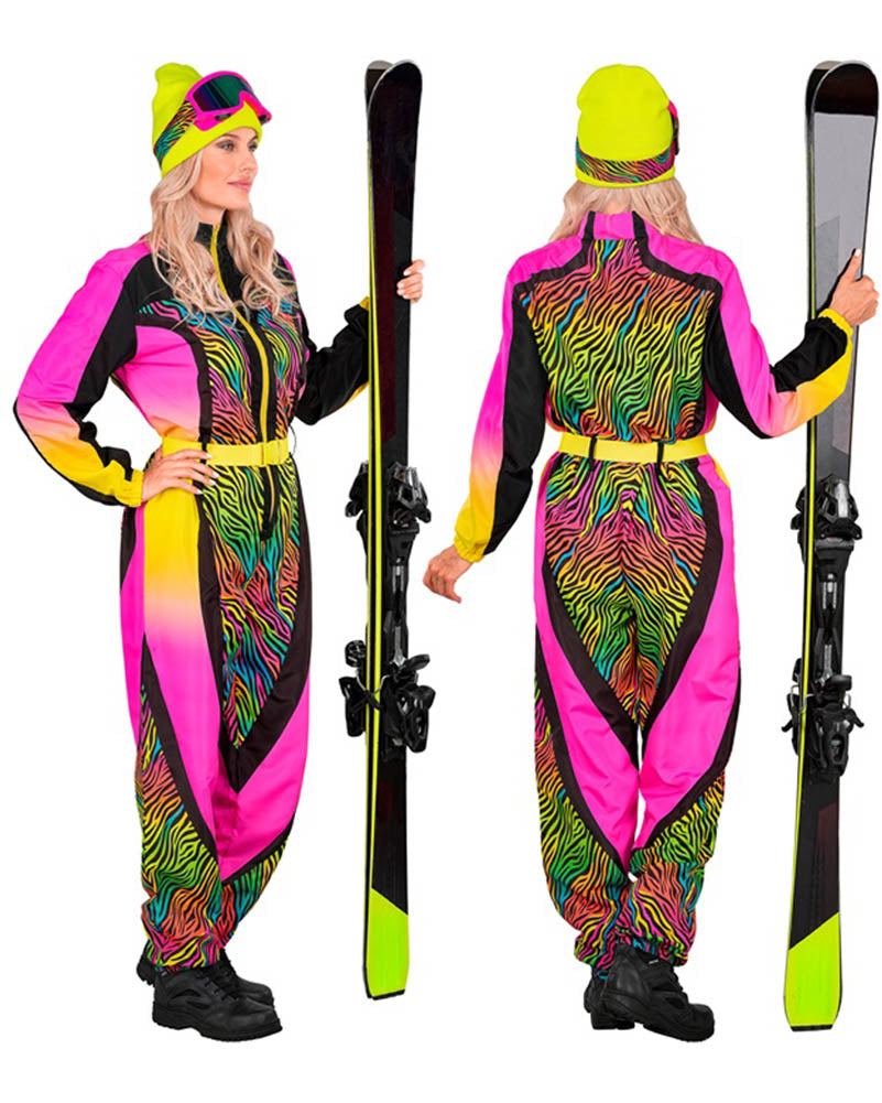Neon Multicolour Animalier Zebra Ski Suit Womens Costume