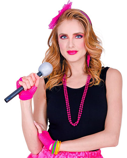 Neon Pink 80s Headband Necklace Earrings Gloves and Bracelets Set