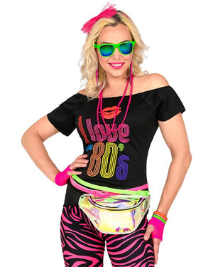 Neon Pink 80s Headband Necklace Earrings Gloves and Bracelets Set