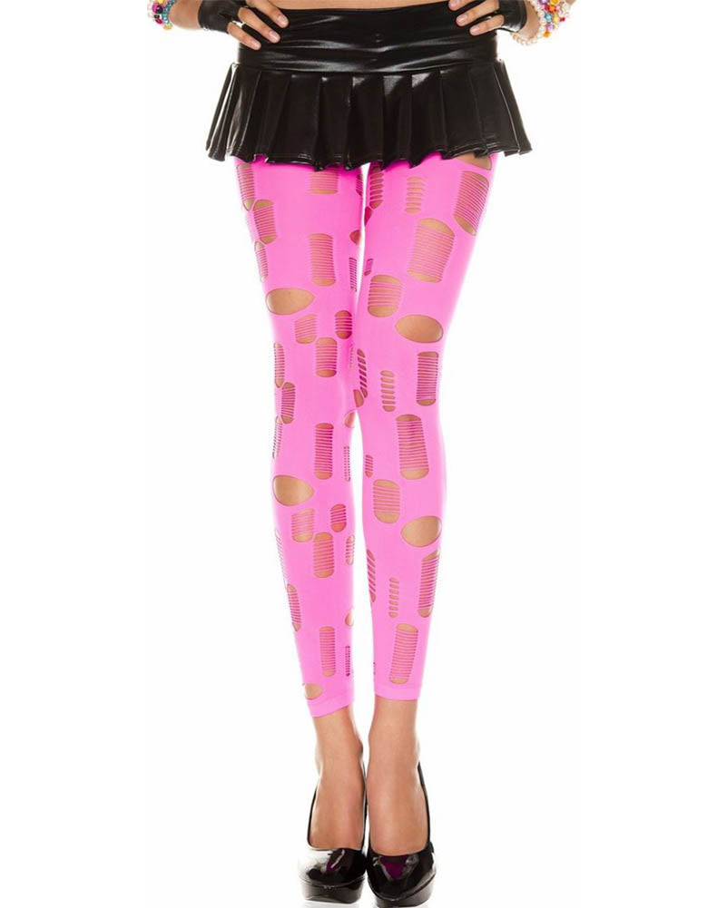 Neon Pink Tattered and Cut Out Footless Leggings