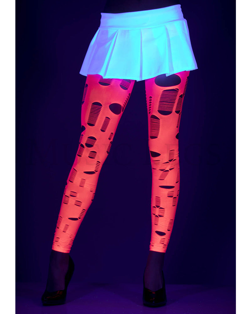Neon Pink Tattered and Cut Out Footless Leggings