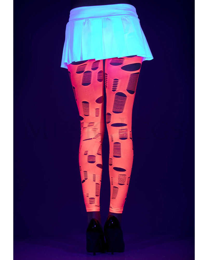 Neon Pink Tattered and Cut Out Footless Leggings